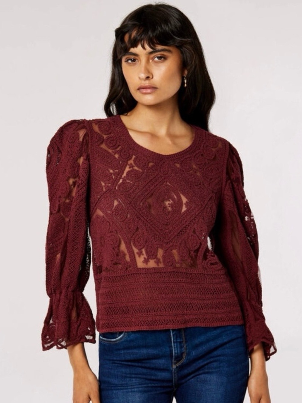 Apricot Lace Crochet Long-Sleeve Top in Burgundy NWT